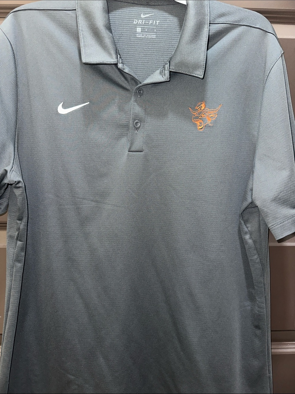 Nike Men’s Gray Dri-FIT Polo with White Swoosh and Orange Embroidered Logo